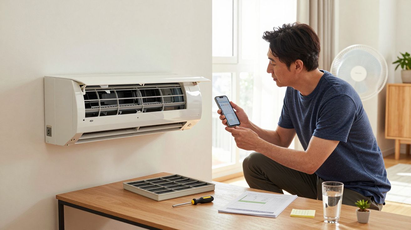 Homem usa smartphone enquanto verifica ar condicionado desmontado, com ferramentas e papéis sobre a mesa.