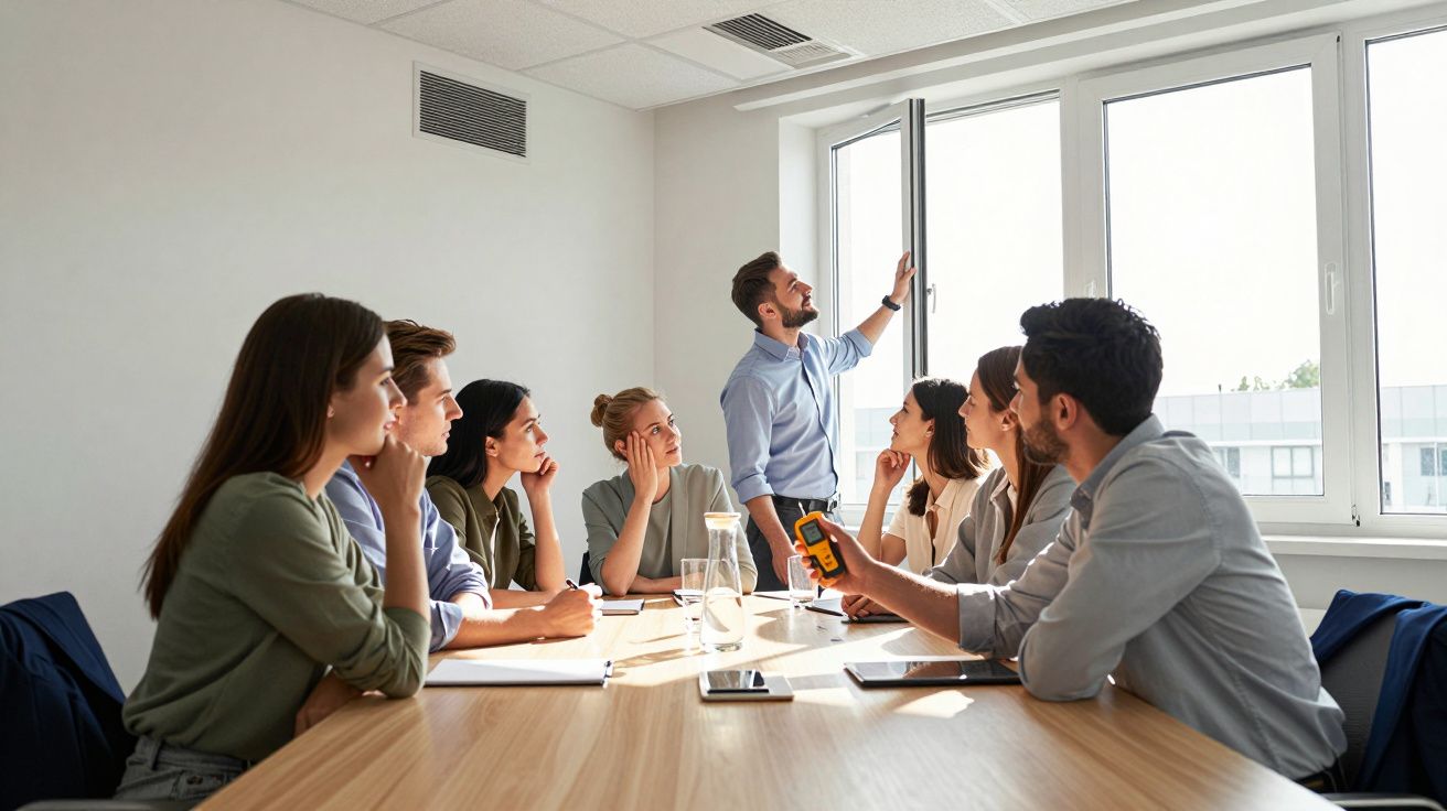 Pessoas numa reunião de trabalho numa sala, homem de pé junto à janela, gesticulando enquanto fala aos outros.