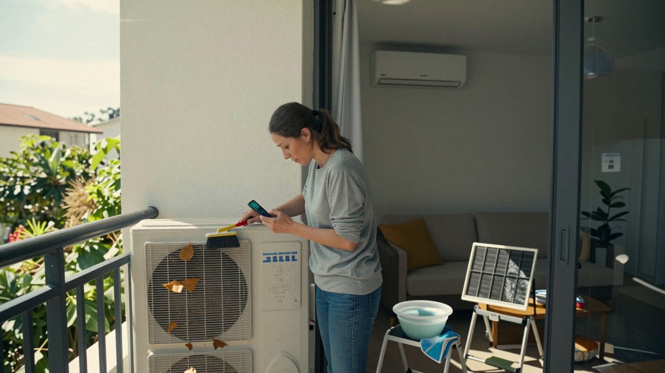 Mulher limpa unidade de ar condicionado numa varanda, segurando um telemóvel. Interior da sala visível ao fundo.