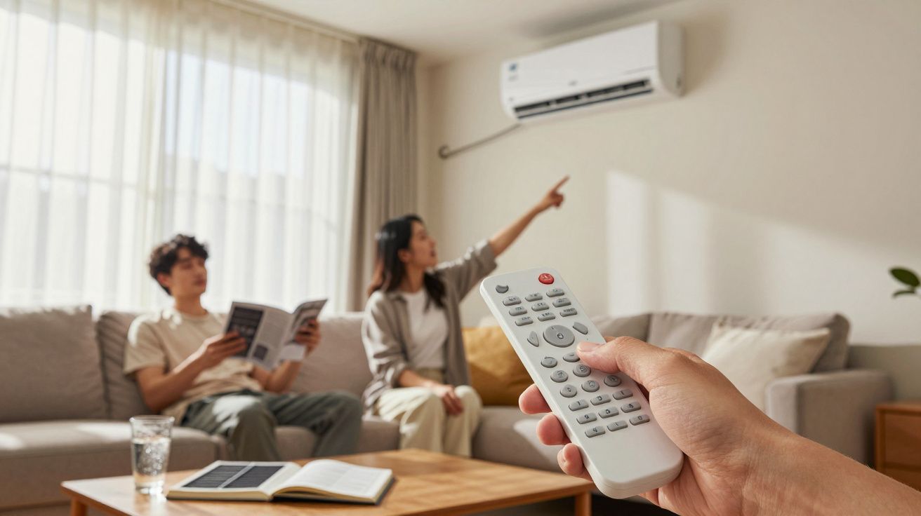Pessoa aponta para ar condicionado na sala enquanto outra lê; mão segura controlo remoto em primeiro plano.