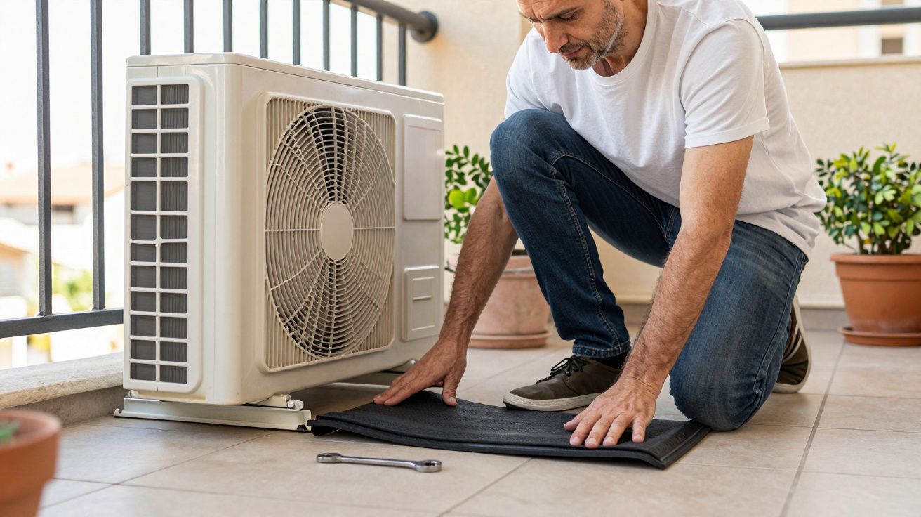 Homem instala equipamento de ar condicionado numa varanda, ajustando uma base preta no chão.