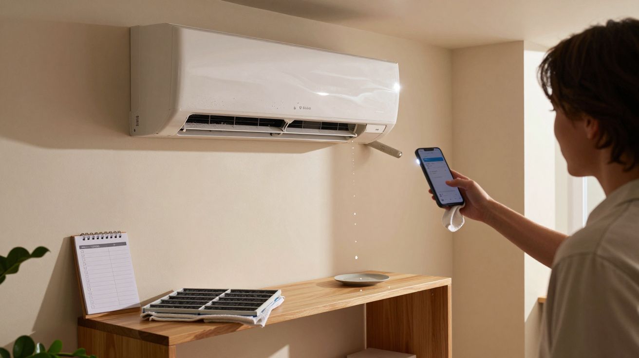 Pessoa regula ar condicionado com smartphone, enquanto este pinga água sobre uma mesa de madeira com objetos.