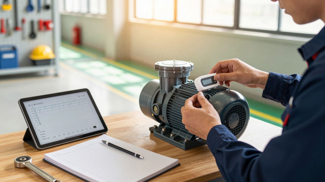 Técnico mede o motor com dispositivo digital, tablet e caderno sobre a mesa. Oficina iluminada ao fundo.