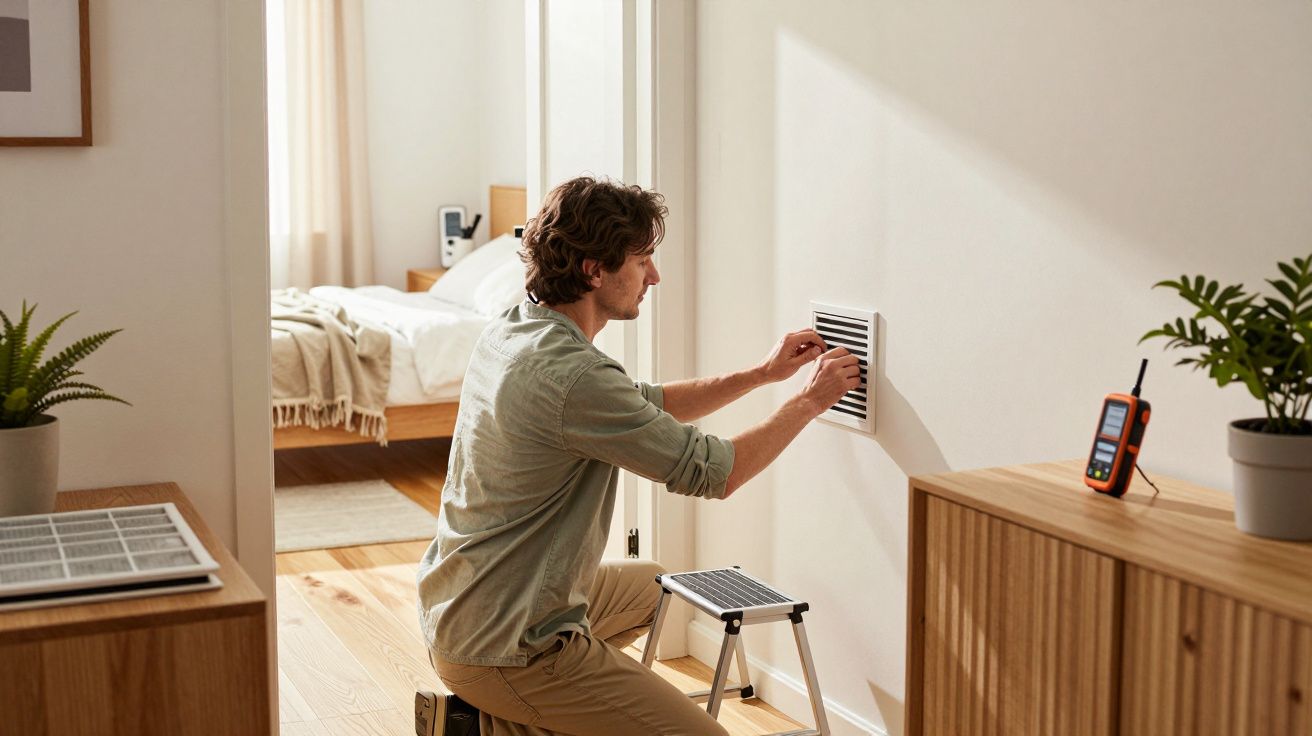Homem ajoelhado a ajustar ventilação numa parede de sala com plantas e ferramentas ao redor.
