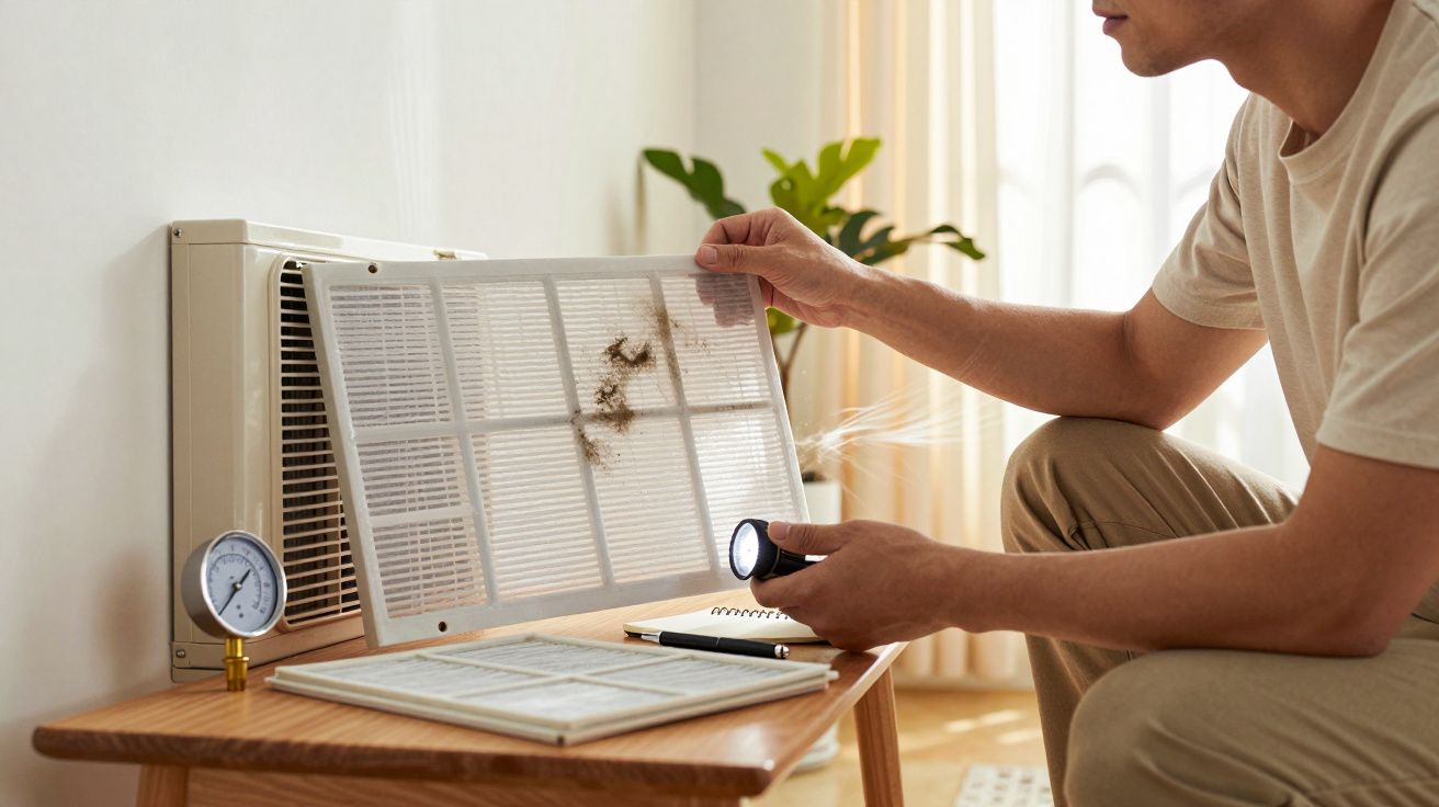 Pessoa inspeciona filtro sujo de ar condicionado com uma lanterna numa sala iluminada.