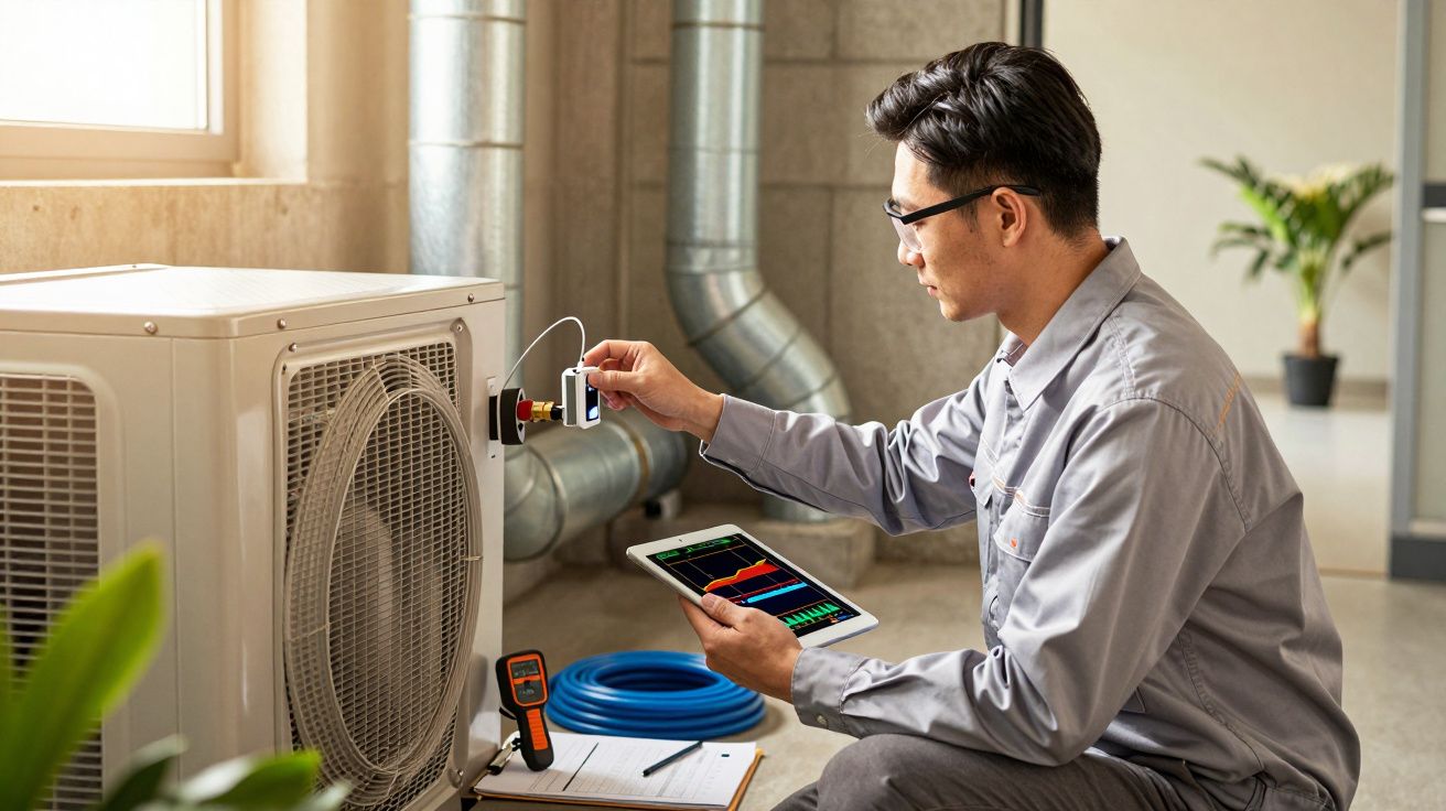 Técnico a ajustar sistema de ar condicionado com tablet e ferramentas, num ambiente industrial.