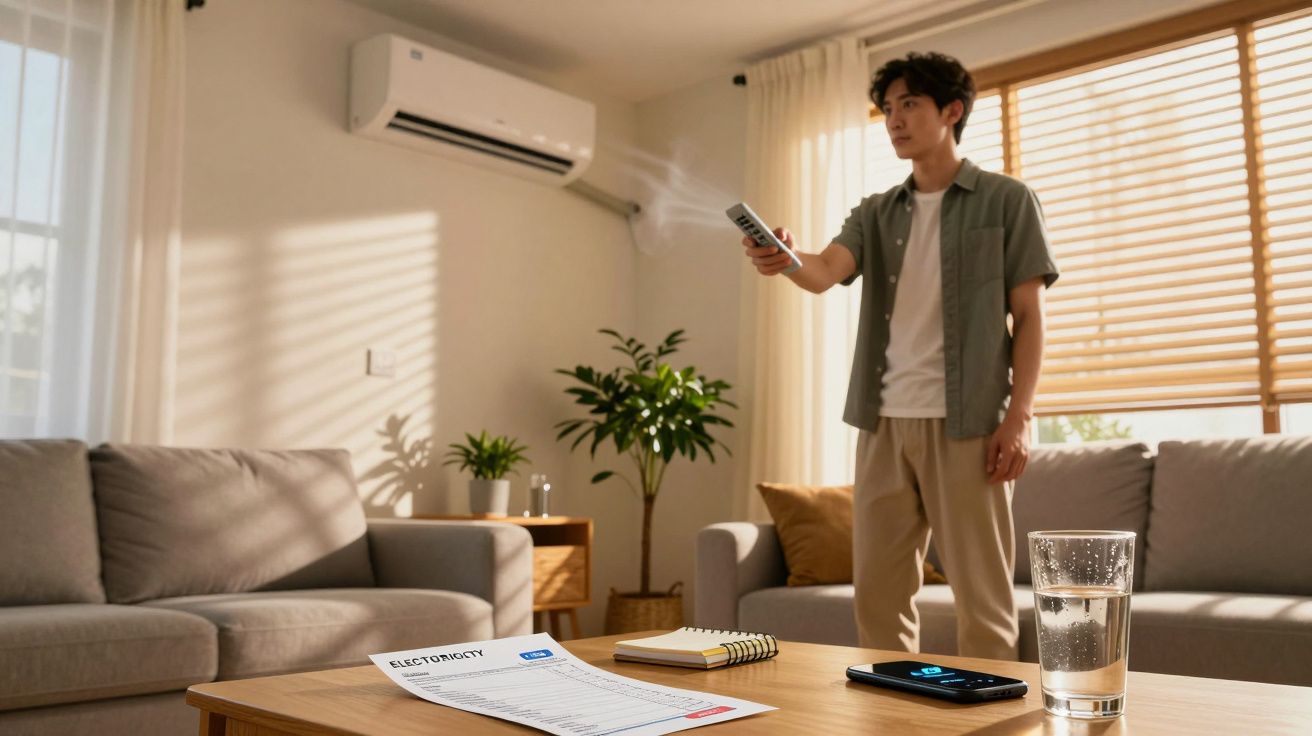 Homem usando comando remoto para ligar ar condicionado em sala de estar com sofá, planta e documentos sobre mesa.