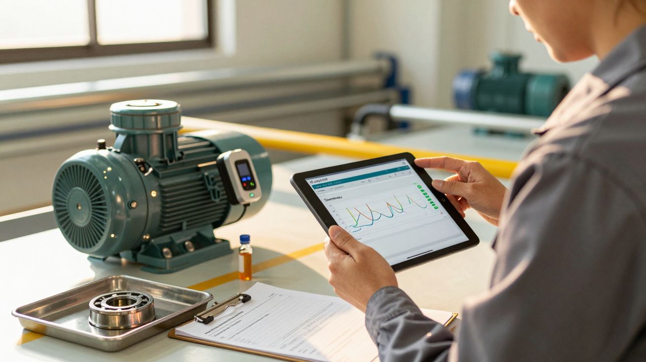 Pessoa analisando dados num tablet ao lado de um motor industrial numa oficina iluminada.