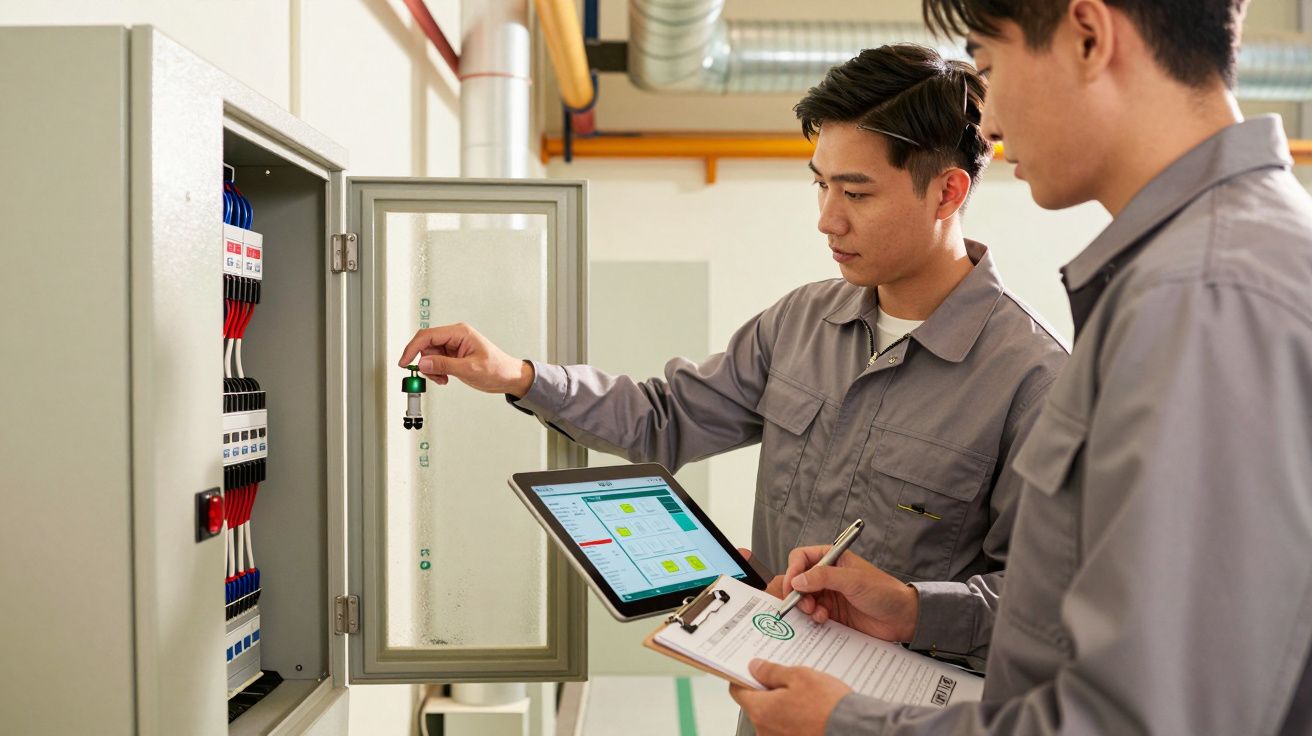 Dois técnicos inspeccionam um painel elétrico. Um segura um tablet; o outro faz anotações numa prancheta.