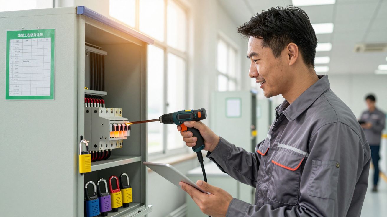 Técnico inspeciona painel elétrico com broca e tablet em mãos numa sala iluminada. Há cadeados coloridos no painel.