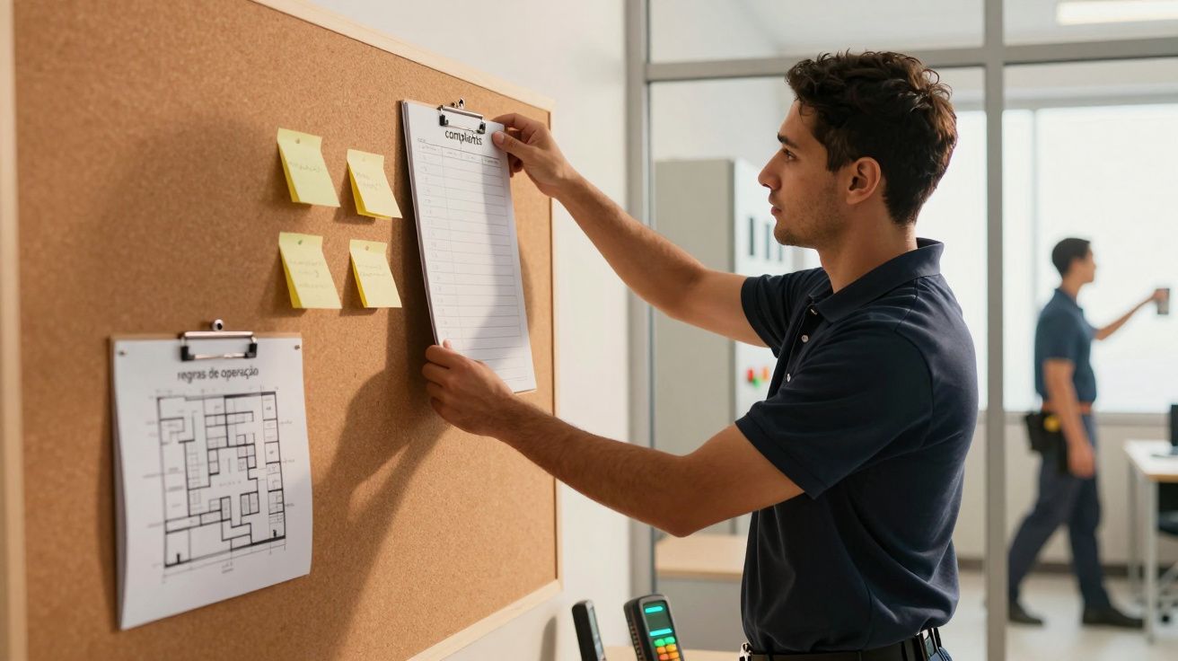 Homem a anexar um documento numa parede de cortiça, com notas adesivas e um plano de planta. Outro homem ao fundo.