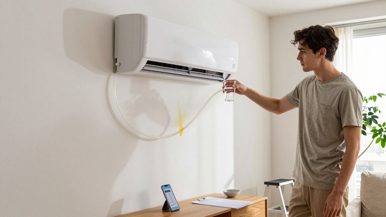 Homem recolhe água de ar-condicionado com um copo, num quarto iluminado.