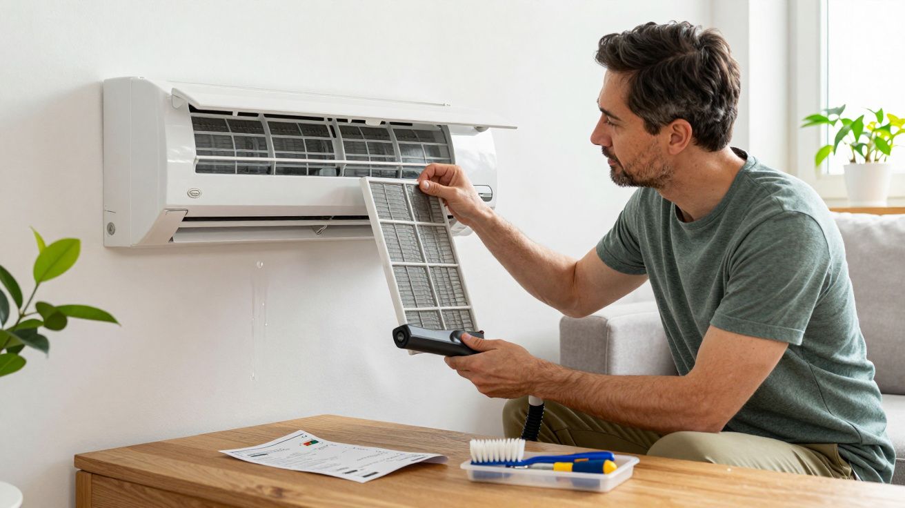 Homem limpa filtro de ar condicionado em sala, com plantas e mesa com ferramentas.