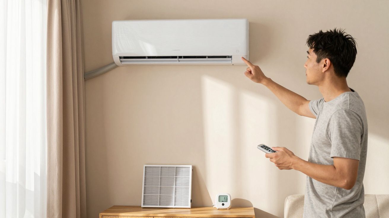 Homem ajusta o ar condicionado na parede com um comando remoto em uma sala iluminada.