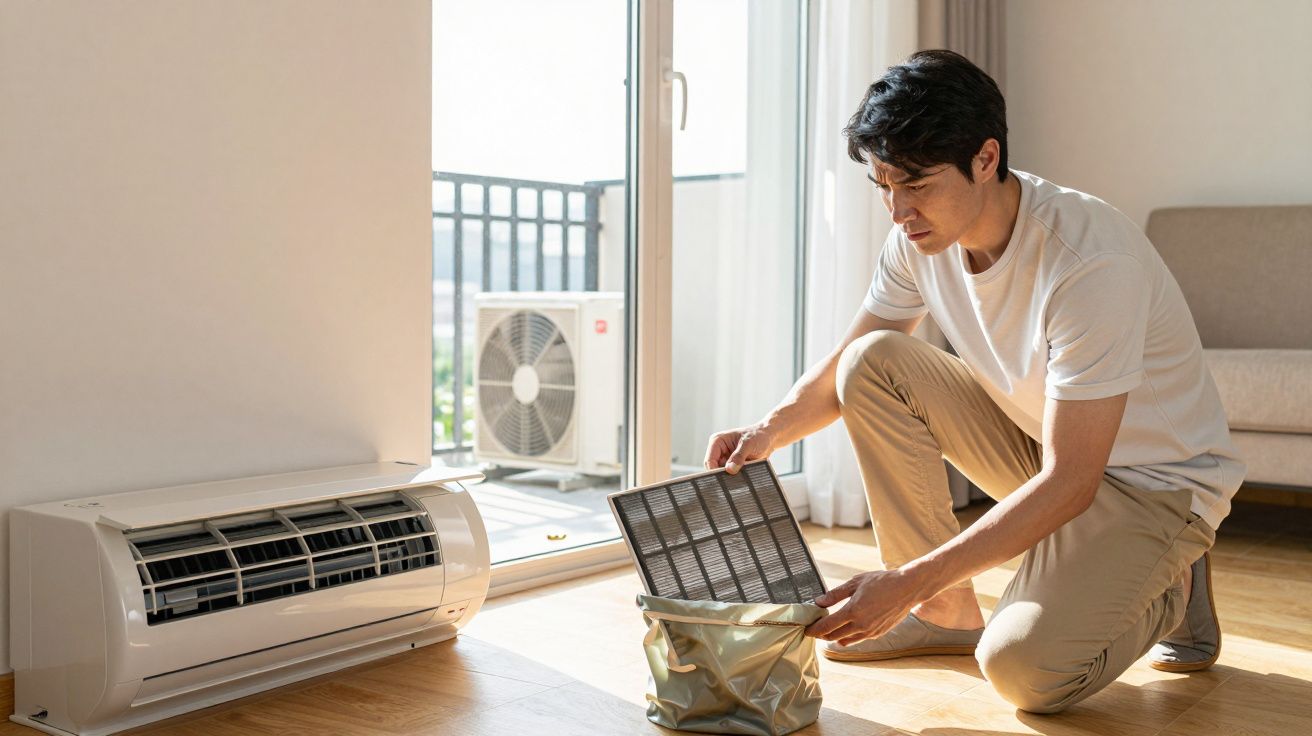 Homem ajoelhado limpa filtro de ar condicionado em sala iluminada. Unidade externa visível na varanda.
