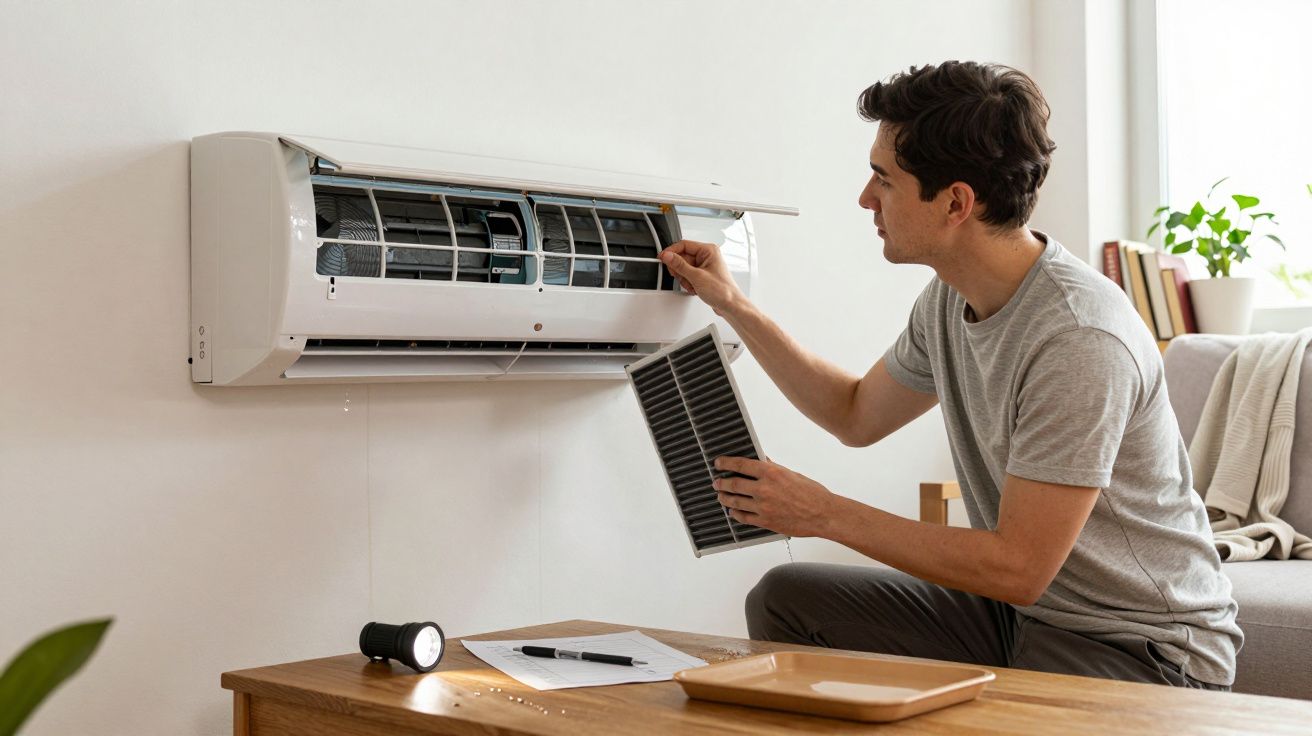 Homem a limpar filtro de ar condicionado num espaço interior iluminado, com mesa de madeira em primeiro plano.