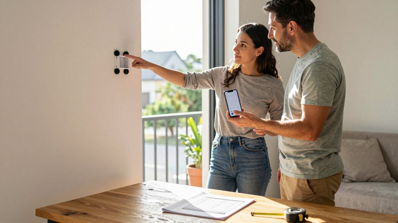 Casal ajusta termóstato inteligente na parede enquanto consulta smartphone, em sala iluminada por luz natural.