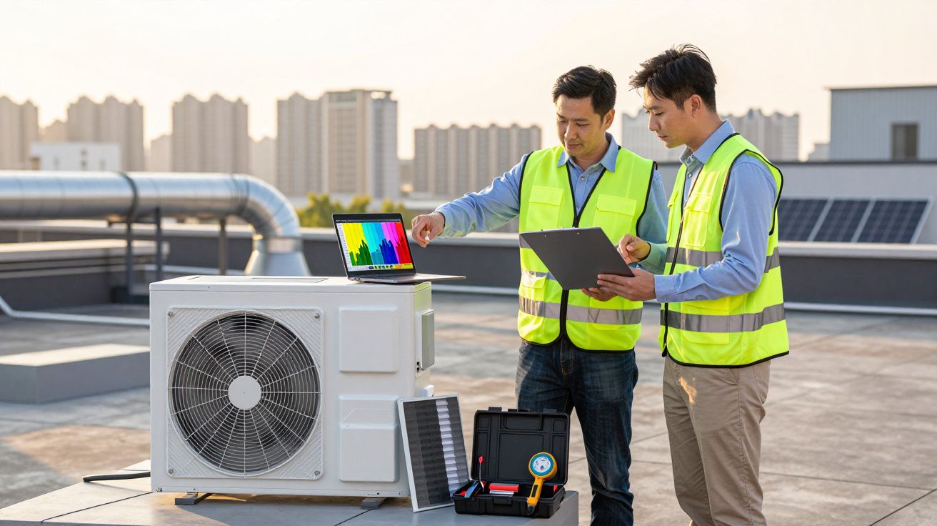 Dois homens com coletes refletores analisam dados num portátil ao lado de um ar condicionado num telhado.