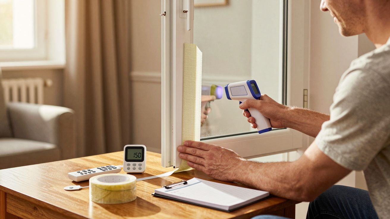 Homem mede a temperatura junto a uma janela com um termómetro infravermelho, bloco de notas e medidor na mesa.