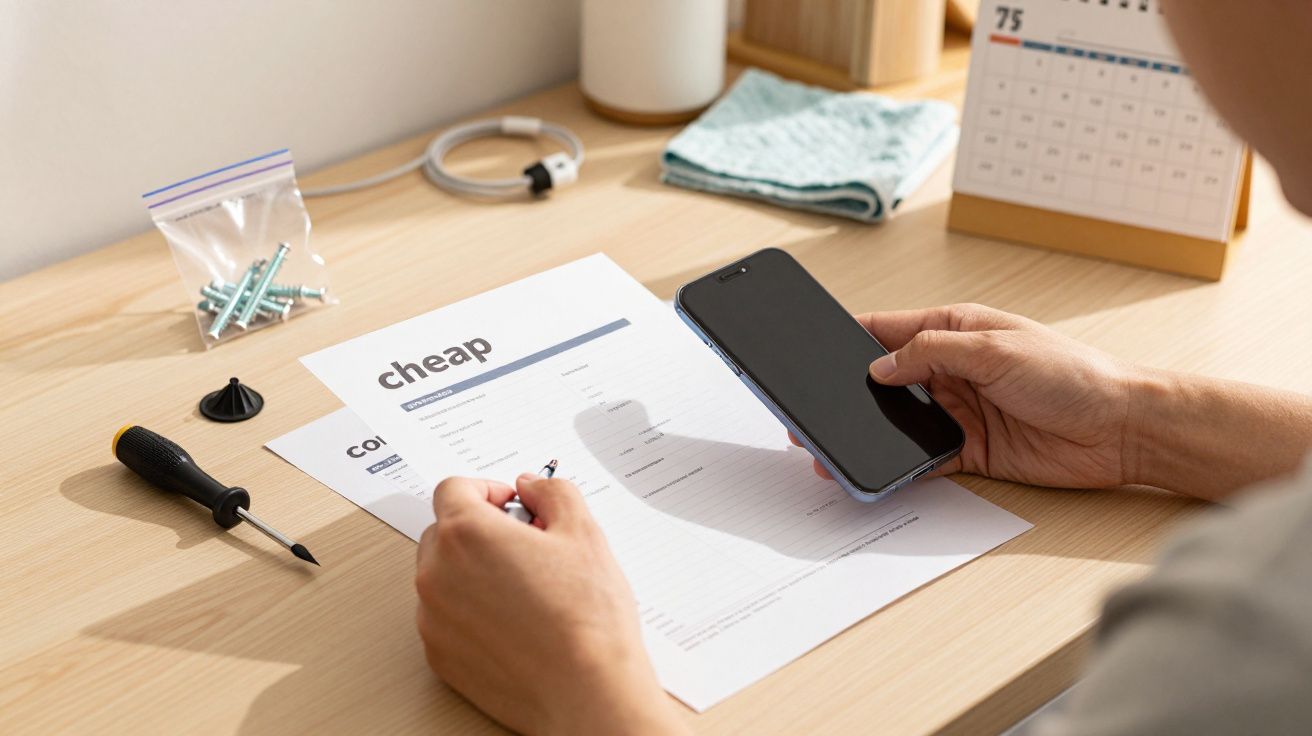 Pessoa segura smartphone e verifica documento na mesa com parafusos, chave de fenda e calendário.