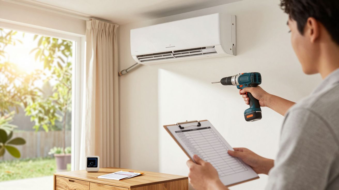 Pessoa instala ar condicionado numa sala iluminada, segurando berbequim e lista de verificação.