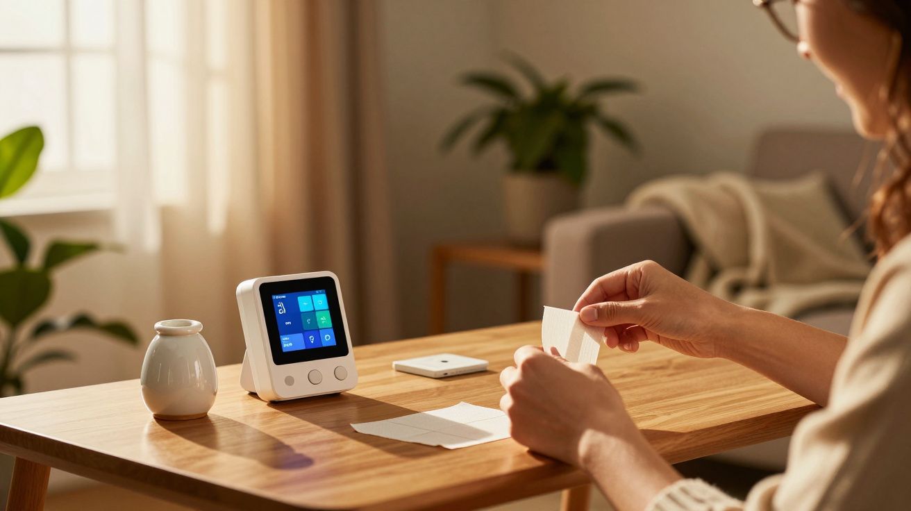 Mulher no sofá dobra papel com um dispositivo inteligente sobre a mesa, num ambiente de sala iluminado.