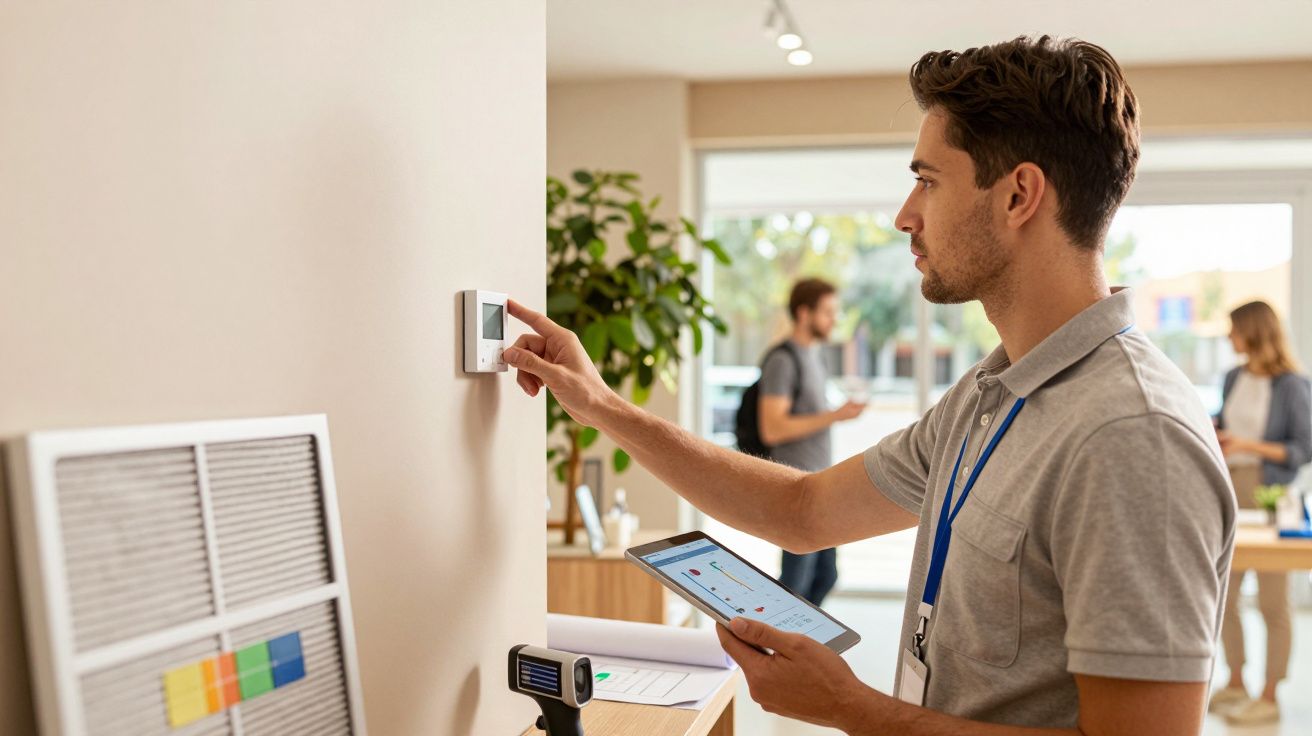 Homem ajusta termóstato numa parede, segurando tablet em loja moderna.