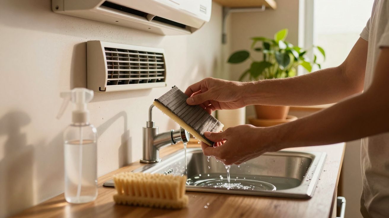 Pessoa a lavar filtro de ar condicionado na pia da cozinha, com plantinha e dispensador de sabão ao fundo.