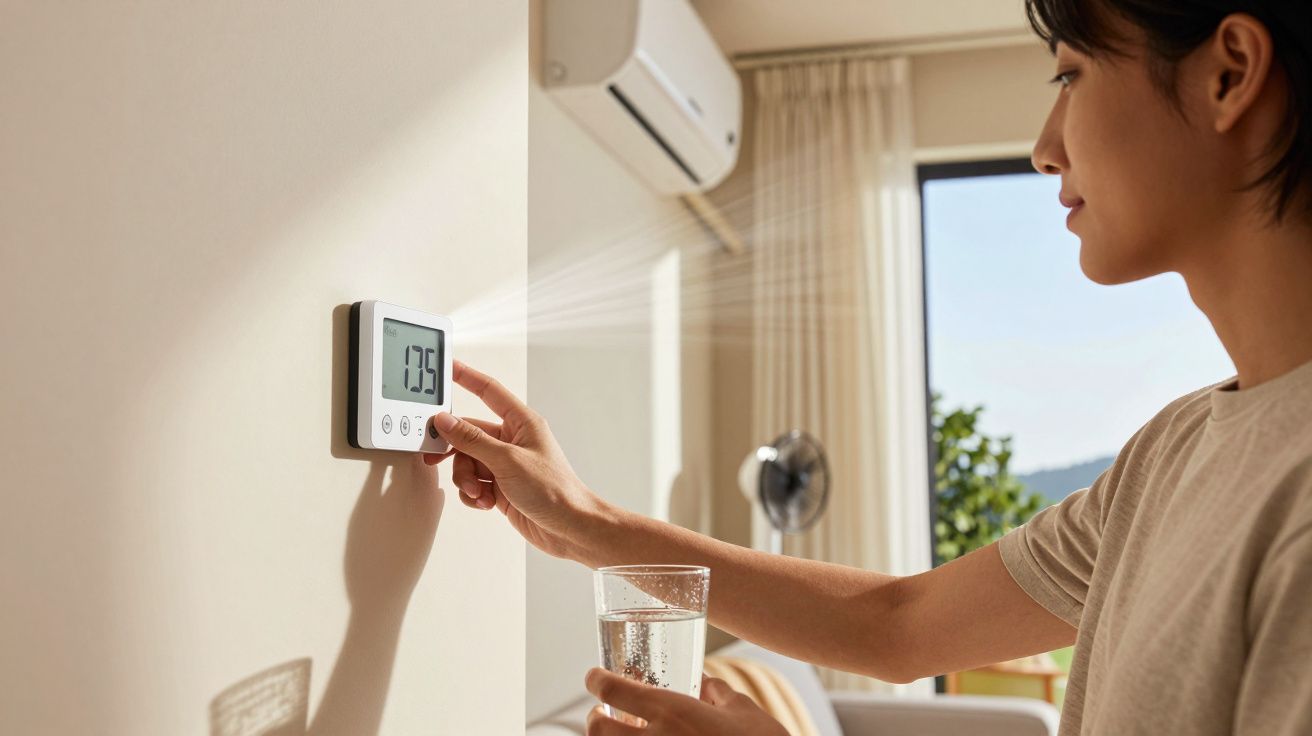 Mulher ajusta termóstato na parede, segurando um copo de água, numa sala com ar condicionado.