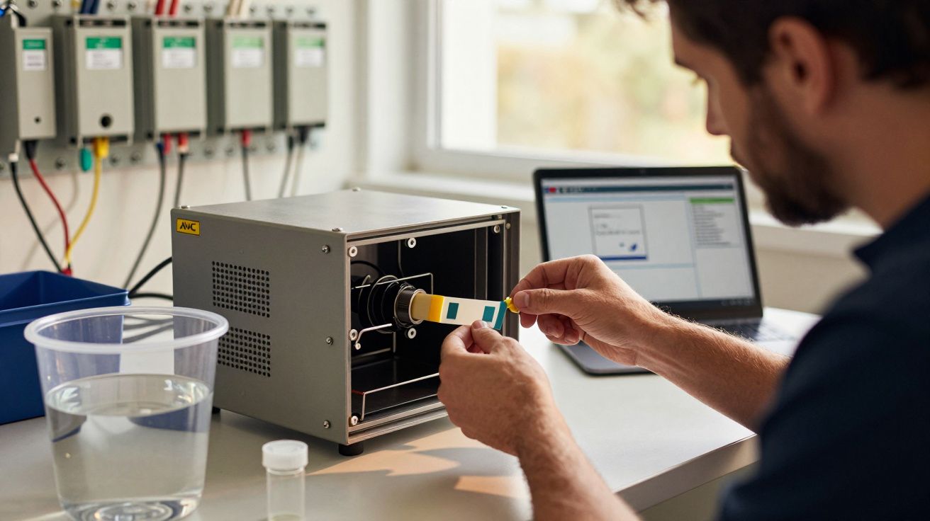 Homem testa amostra de papel colorido em máquina diante de computador, num laboratório com copo de água ao lado.