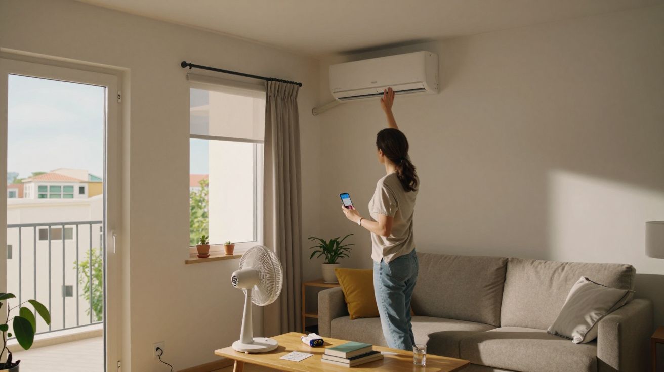 Pessoa ajusta ar condicionado na sala, segurando telemóvel. Sala com sofá, ventoinha e varanda ensolarada ao fundo.