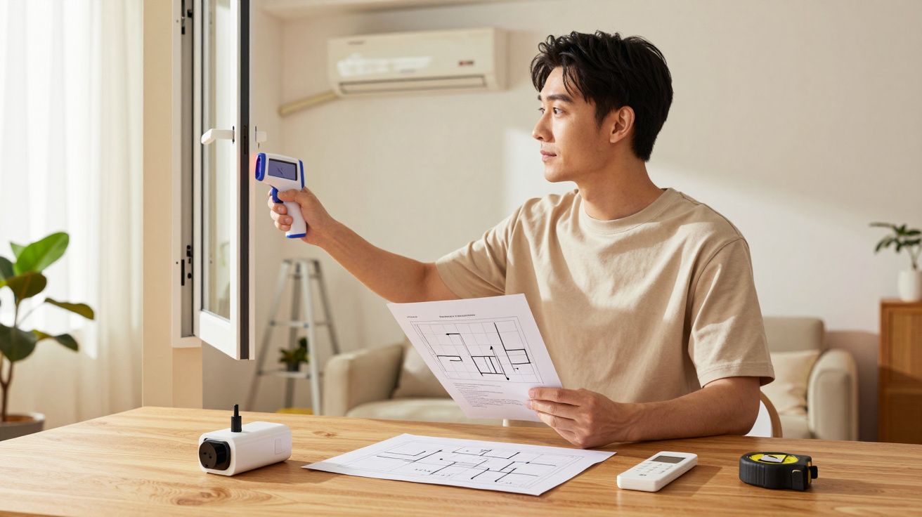 Homem usa termómetro infravermelho perto de janela, segurando planta de construção. Mesa com dispositivo e fita métrica.