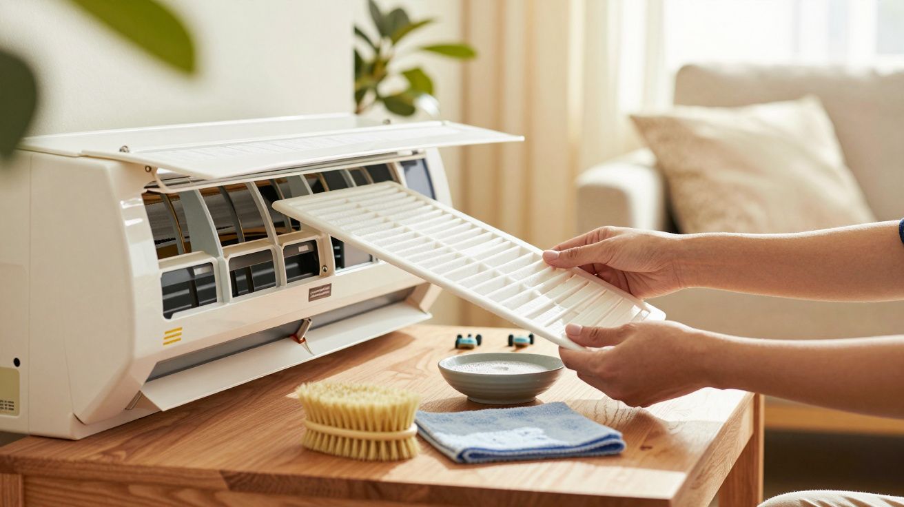 Pessoa a limpar o filtro de um ar condicionado numa sala, com escova e pano sobre uma mesa de madeira.