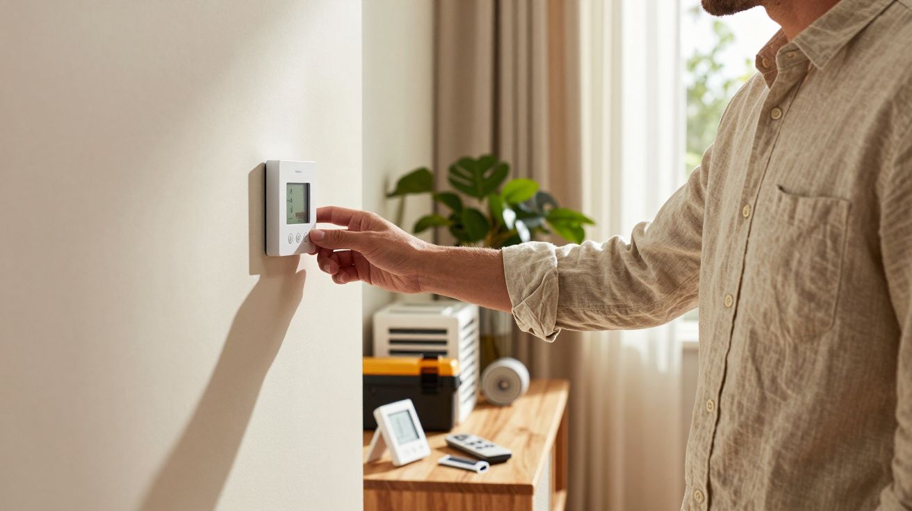 Pessoa ajusta o termóstato na parede de uma sala iluminada, com plantas e dispositivos ao fundo.