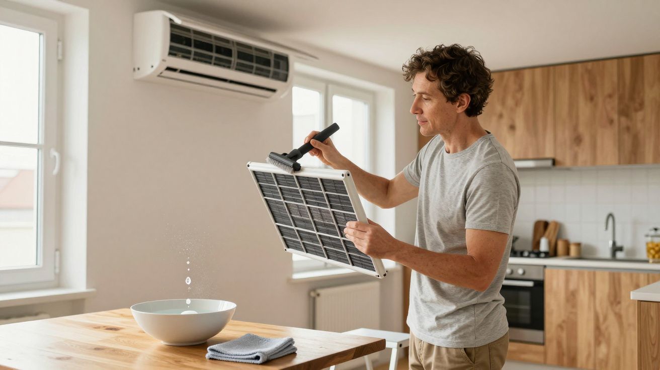 Homem a lavar filtro de ar condicionado numa cozinha moderna.