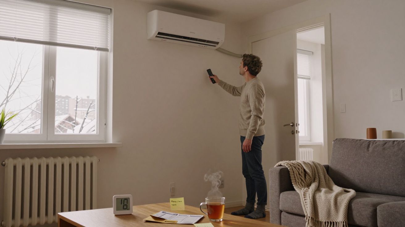 Homem ligando ar condicionado com comando, em sala moderna com sofá, janela e mesa com chá e relógio.