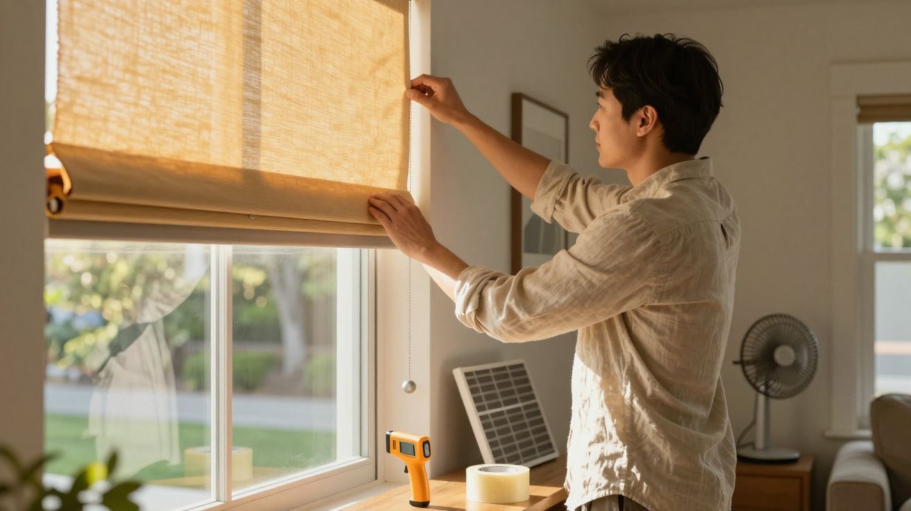Homem ajustando persiana numa sala iluminada, com ferramentas e ventoinha na mesa junto à janela.