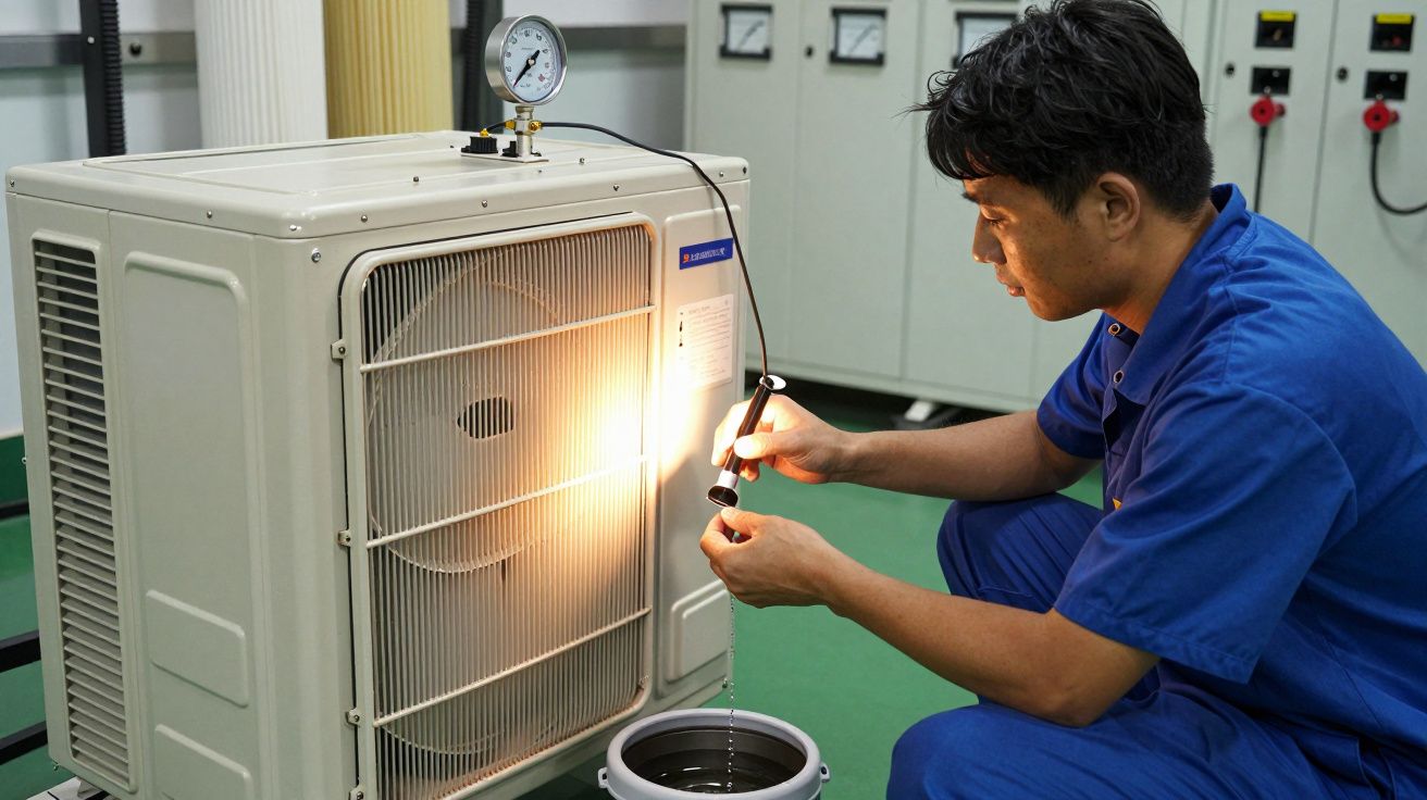 Técnico a inspecionar unidade de ar condicionado com luz de inspeção numa sala técnica.