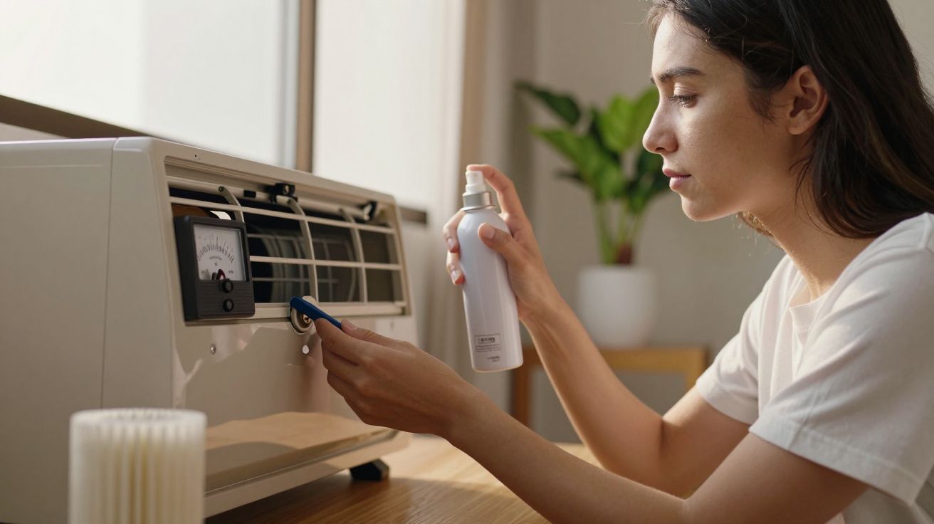 Mulher a limpar um ar condicionado com spray e pano junto a uma janela, com uma planta verde ao fundo.