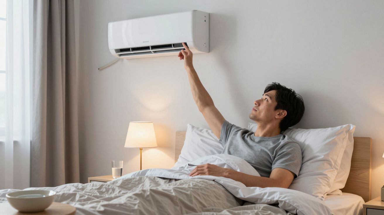 Homem na cama ajusta o ar condicionado no quarto, com luz suave e cortinas ao fundo.