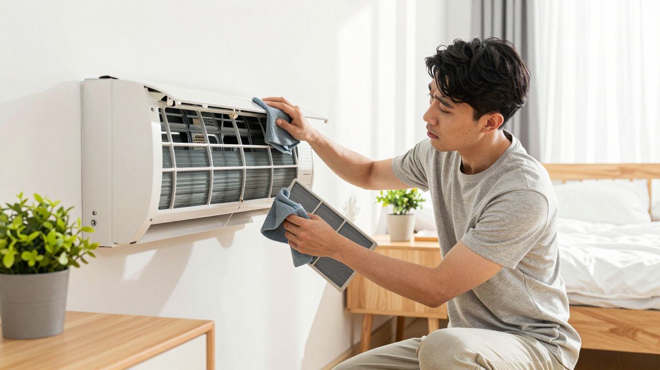 Homem a limpar um ar condicionado numa sala com cama, plantas e cortinas cinzentas.