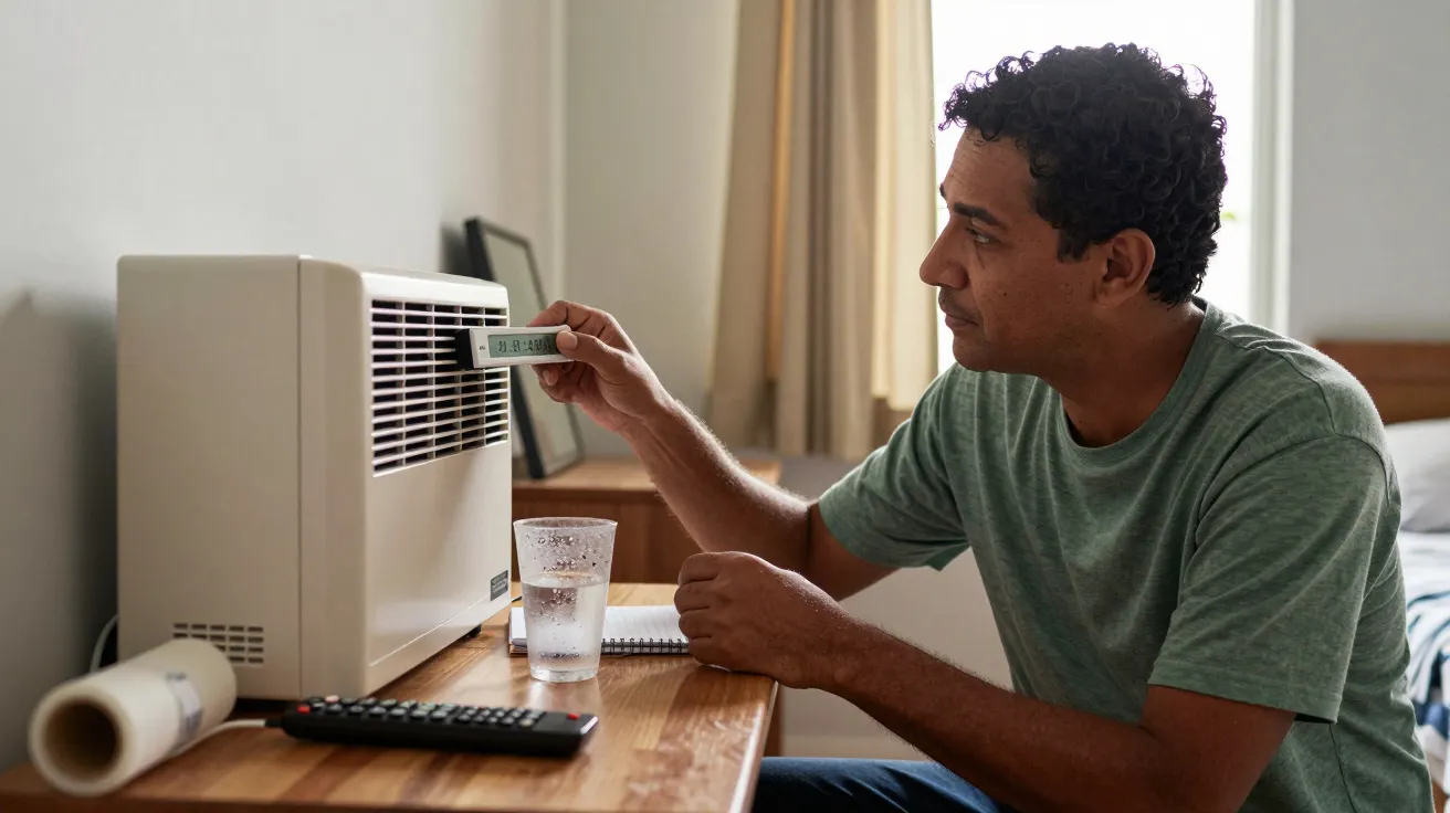 Homem ajusta ar condicionado numa mesa com controlo remoto e copo de água.