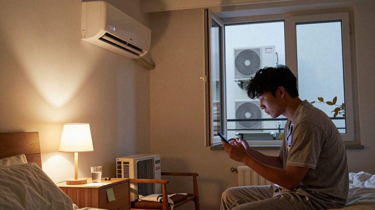 Homem de pijama sentado na cama a usar o telemóvel, quarto iluminado por candeeiro, janela aberta ao fundo.
