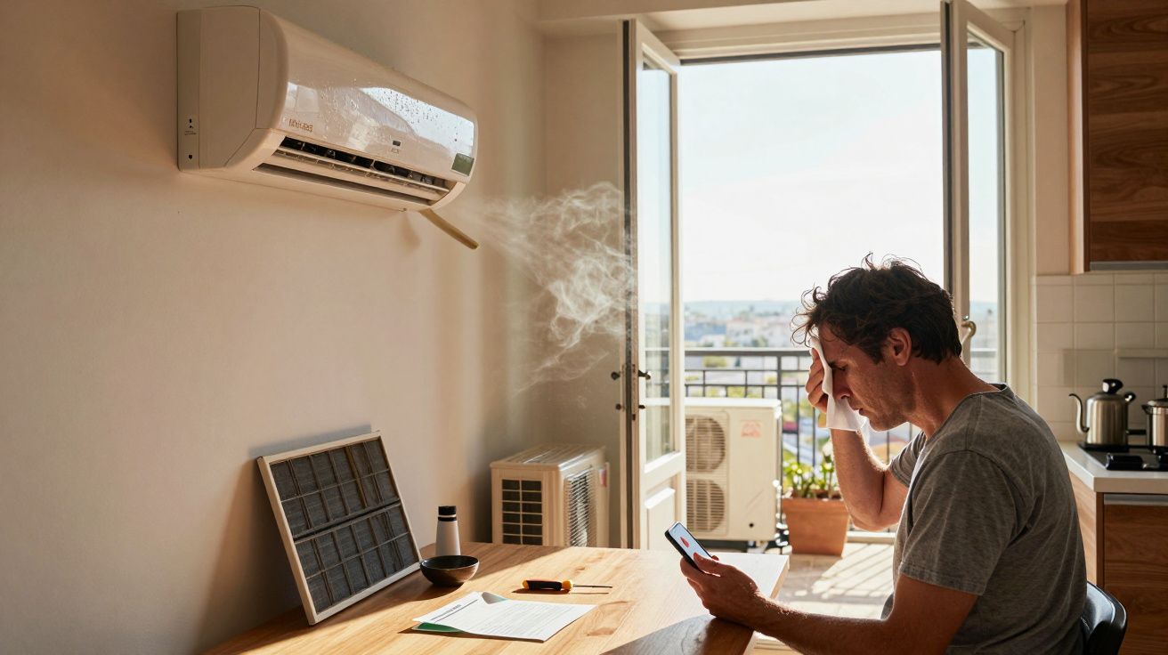 Homem preocupado sentado à mesa, usando telemóvel, com ar condicionado a sair fumo em sala bem iluminada.