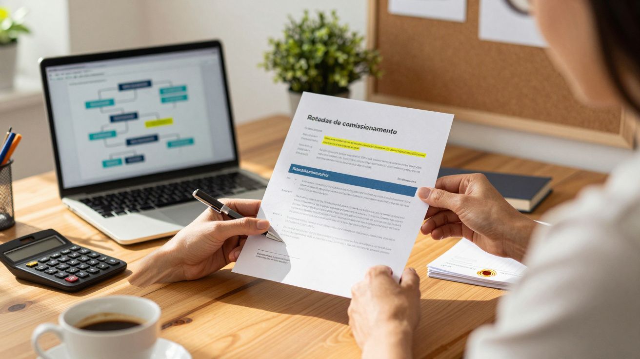 Pessoa analisa documento impresso em mesa com portátil, calculadora e café, destacando informações importantes com marcador.