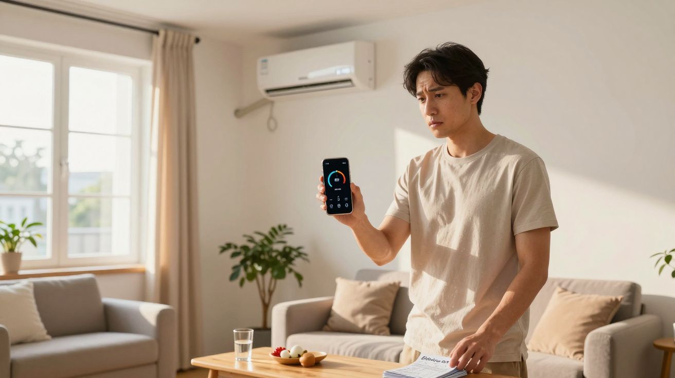 Homem controla ar condicionado com smartphone numa sala moderna e iluminada.