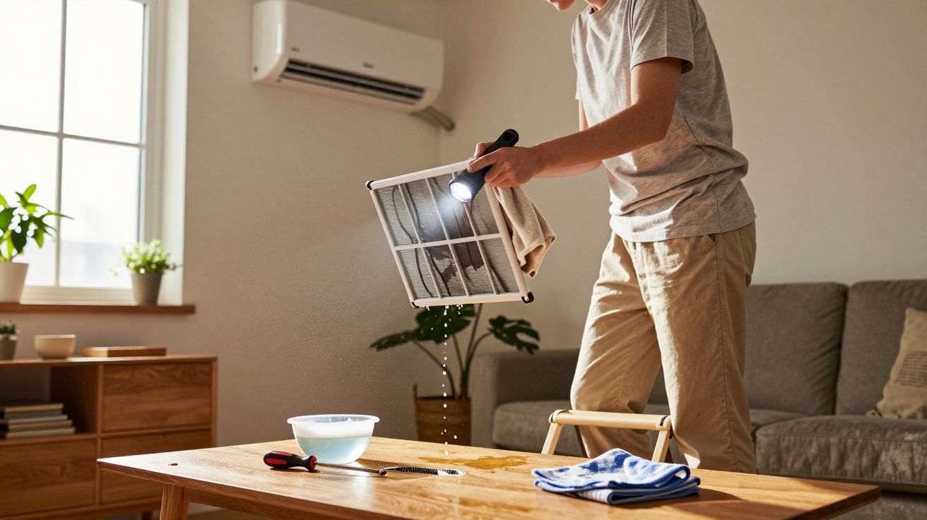 Pessoa a limpar um filtro de ar condicionado em casa, com uma toalha e ferramentas sobre a mesa.