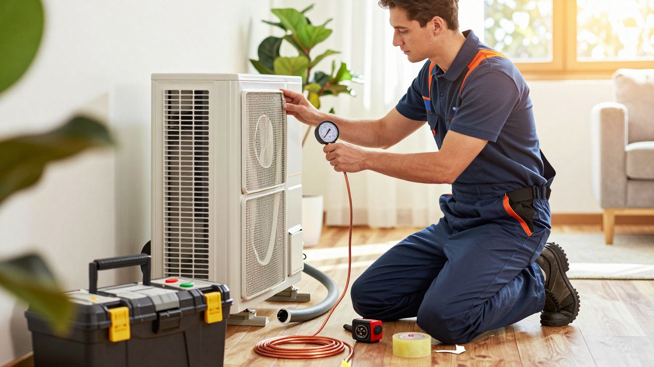 Técnico de joelhos verifica condicionador de ar com manómetro numa sala iluminada. Caixa de ferramentas ao lado.