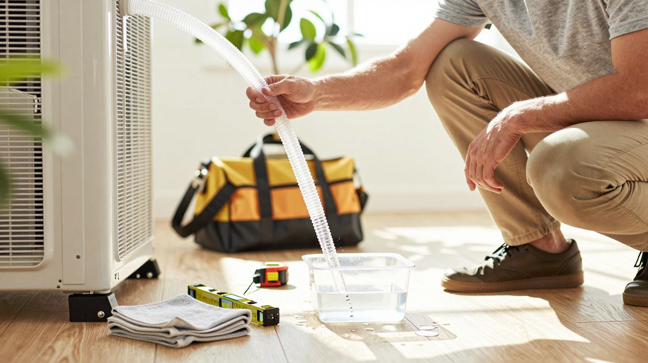 Pessoa a verificar tubo de drenagem de ar condicionado, com ferramentas e saco de ferramentas no chão.