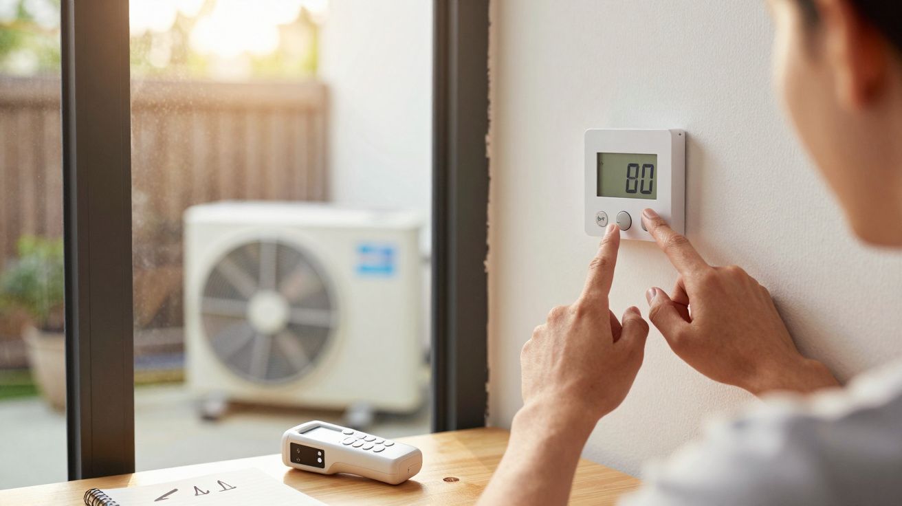 Pessoa ajusta termostato na parede, ar condicionado visível pela janela, telecomando em cima da mesa.